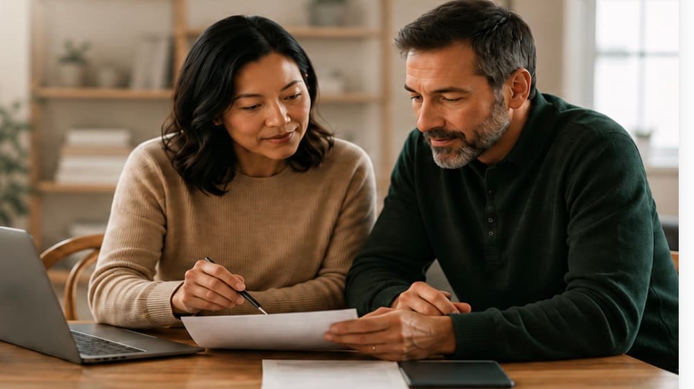 Two adults reviewing household finances at a table with a laptop and printed statement.
