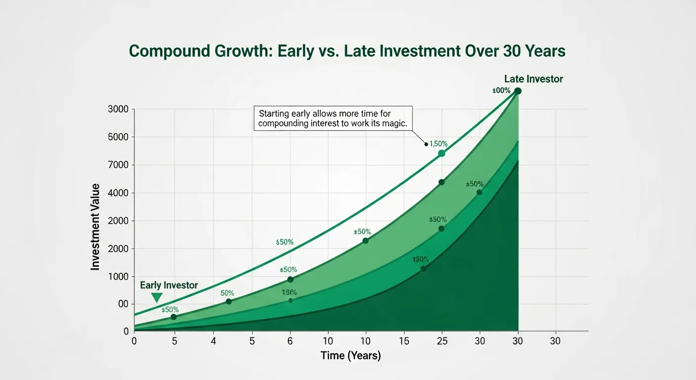 Chart showing the power of compound growth over time with early vs late investing