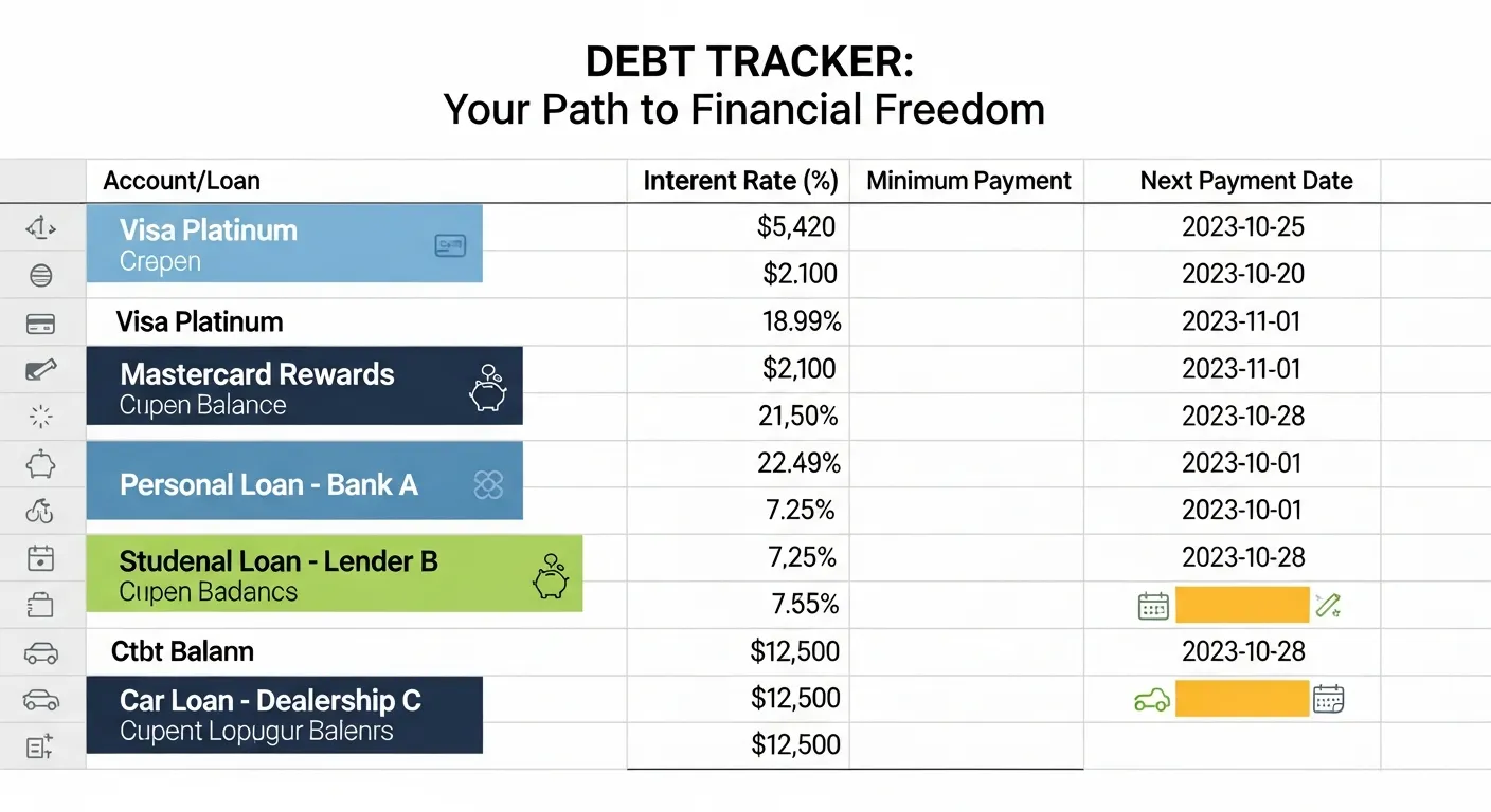 Sample debt tracking spreadsheet showing all accounts organized with balances and interest rates