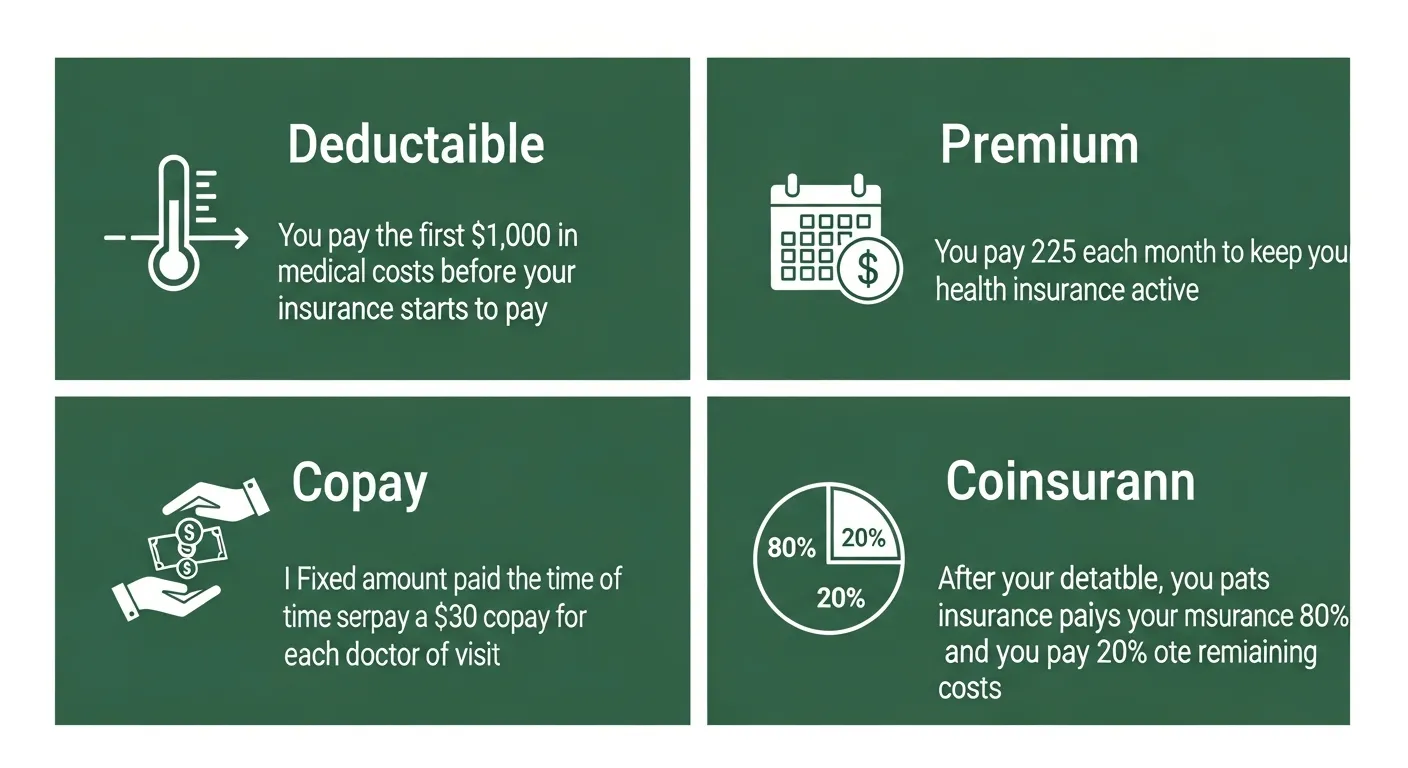 Infographic explaining health insurance terminology with visual examples