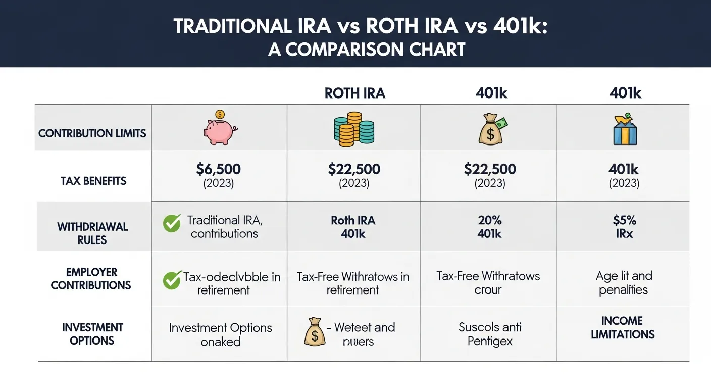 Side by side comparison chart of IRA and 401k features