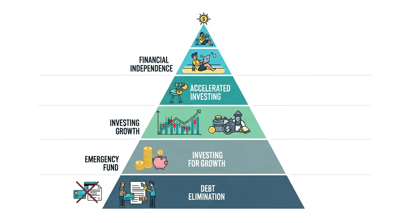 Step-by-step pyramid showing the path from debt elimination to wealth